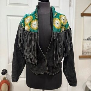Vintage Black Fringe Jacket with Floral Embroidery